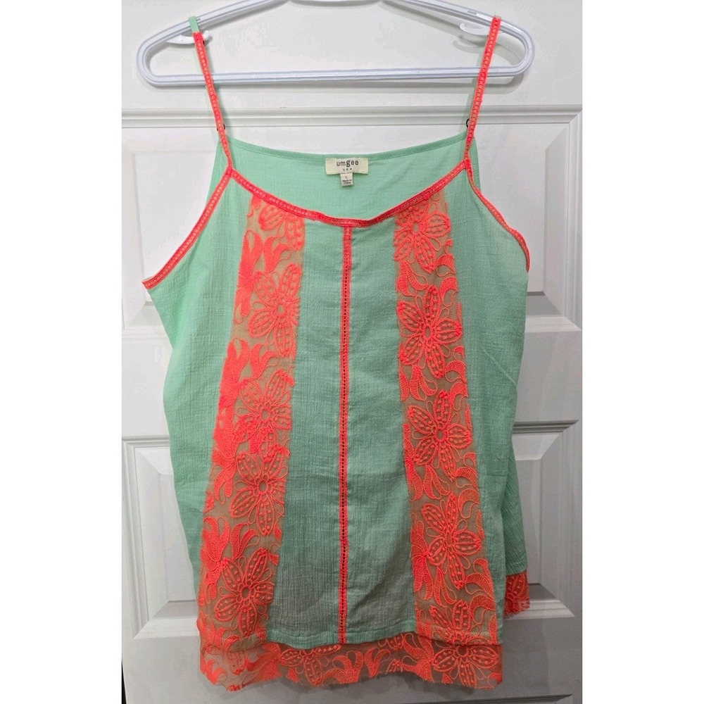 Umgee festival neon mint green cottage embroidered lace tank top size Large